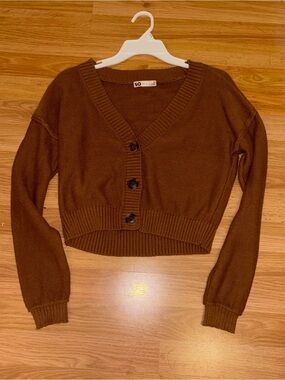 SO Brown Cropped V-Neck Button Cardigan
